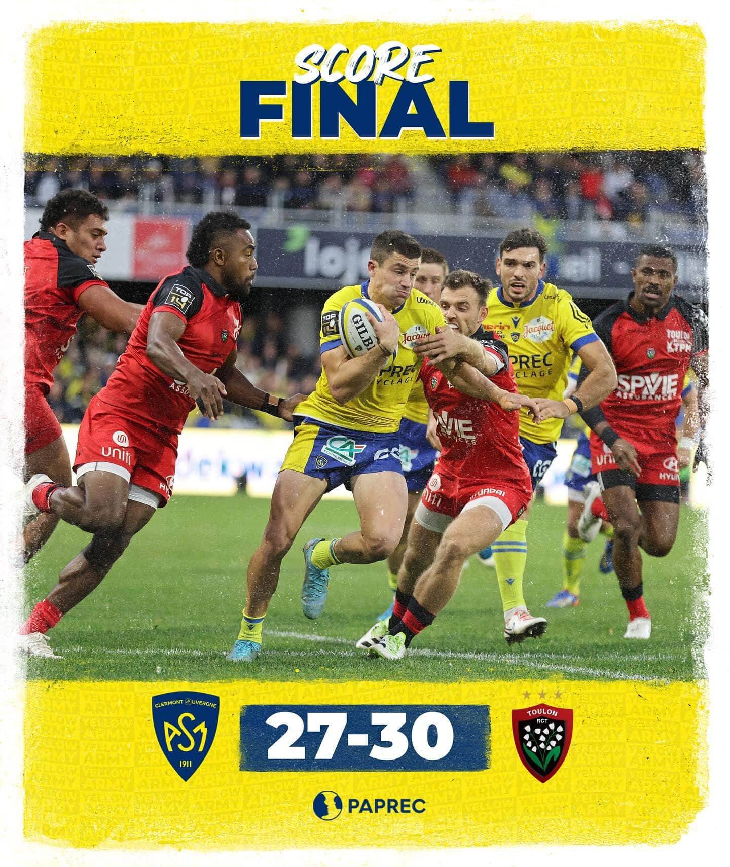 Clermont ne confirme pas son embellie en s'inclinant contre Toulon (27-30) à domicile.